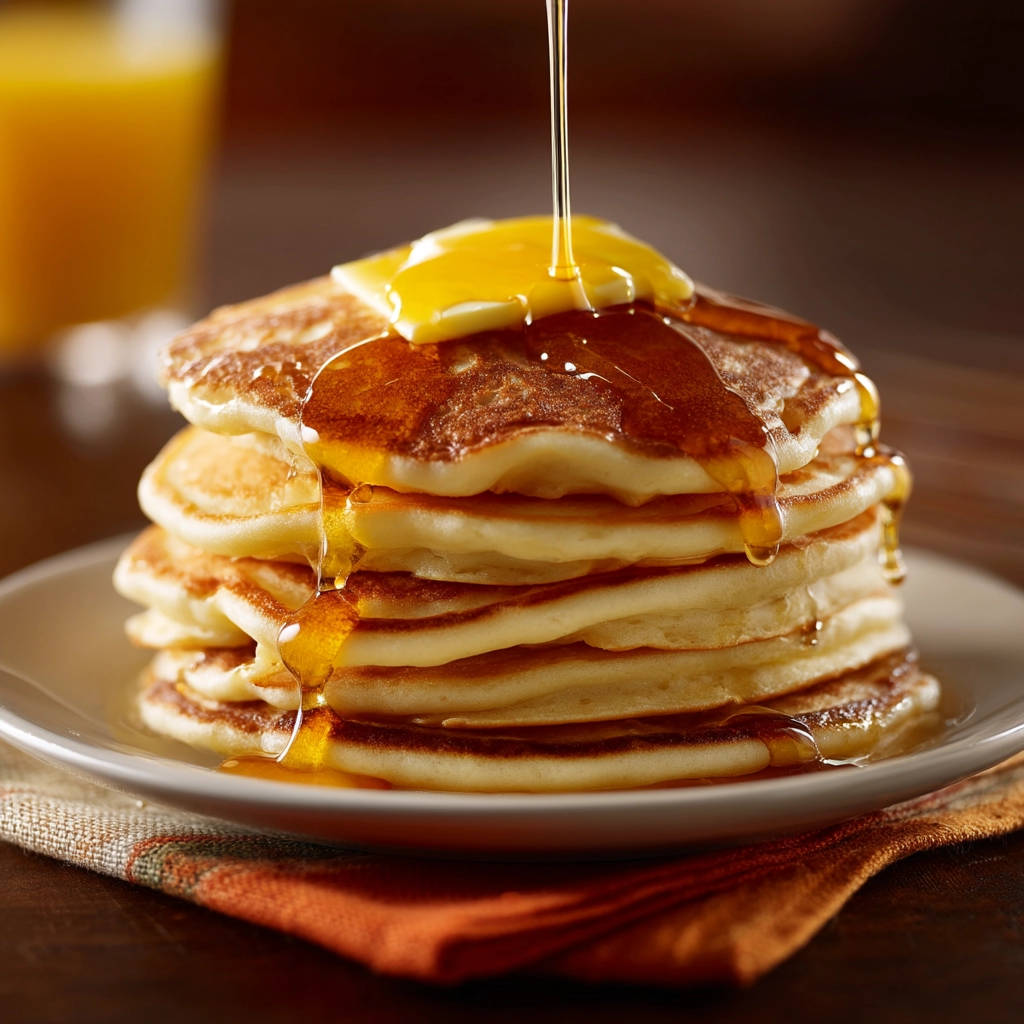 Golden pancakes with syrup and butter being poured onto a stack, showing a close-up detail.