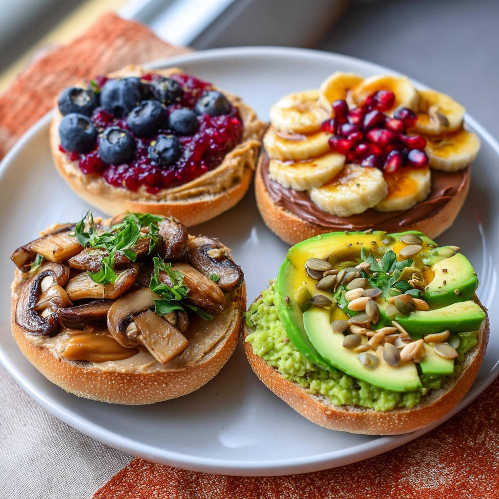 Gourmet bagel toppings plated four ways, showcasing blueberry, banana, mushroom, and avocado variations.