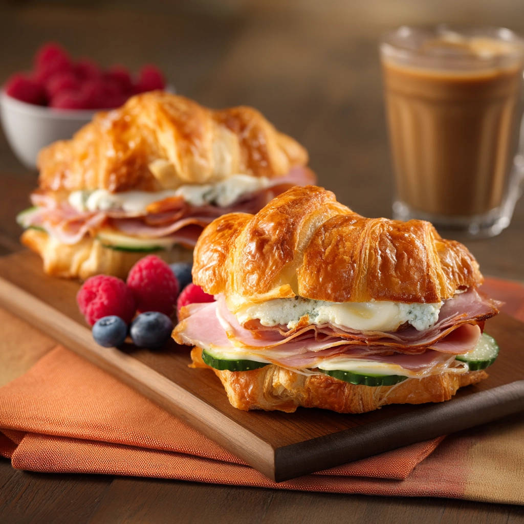 Gourmet croissant sandwich with ham and cheese shown in a close-up cross-section, highlighting the layers and filling.
