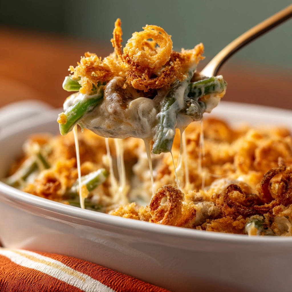 Ultimate Green Bean Casserole shown on a fork with melted cheese strings, topped with crispy fried onions.