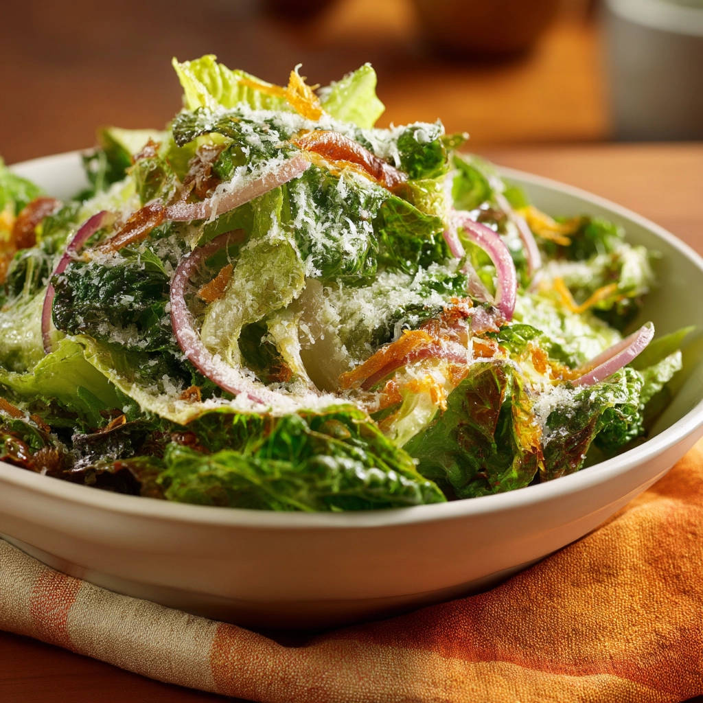 Simple green salad featuring shredded parmesan cheese and thinly sliced red onions in a white bowl.