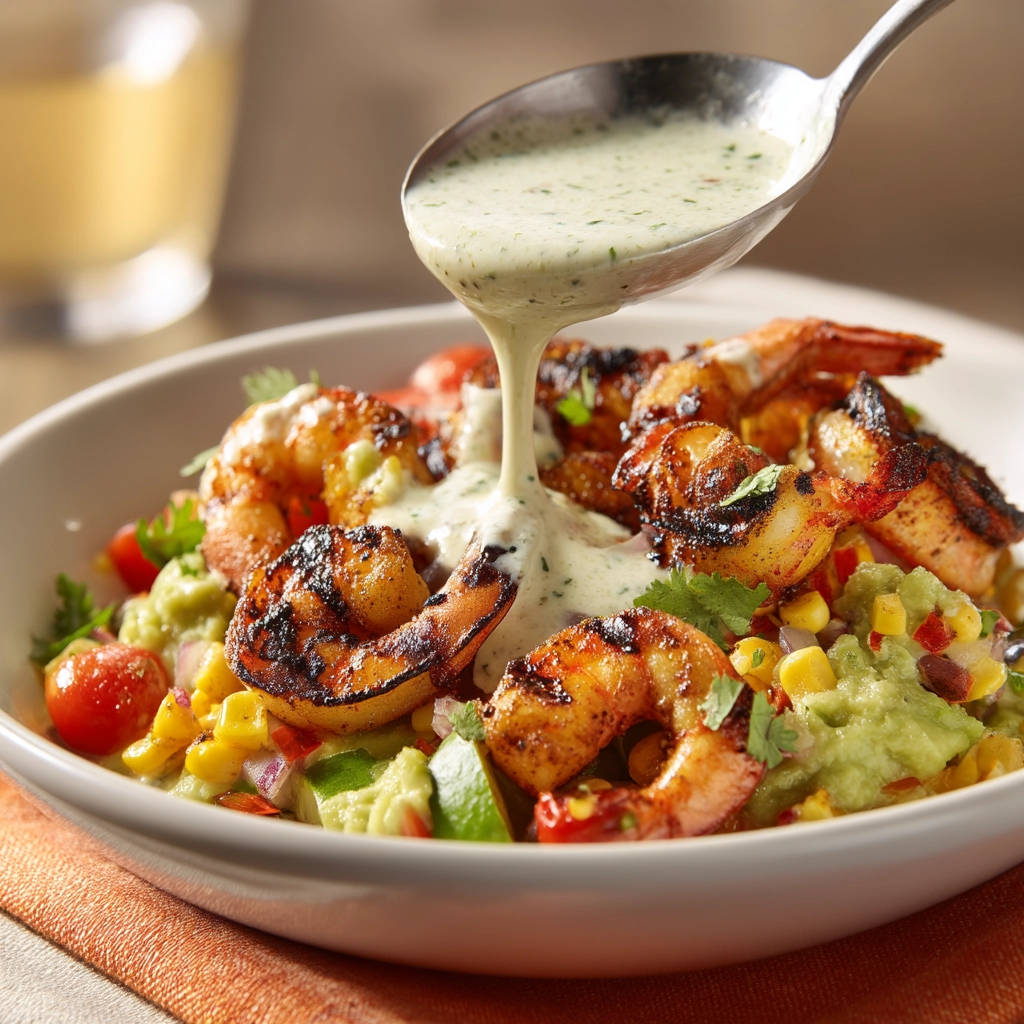Grilled shrimp bowl with a creamy sauce being drizzled over the top, featuring fresh ingredients.