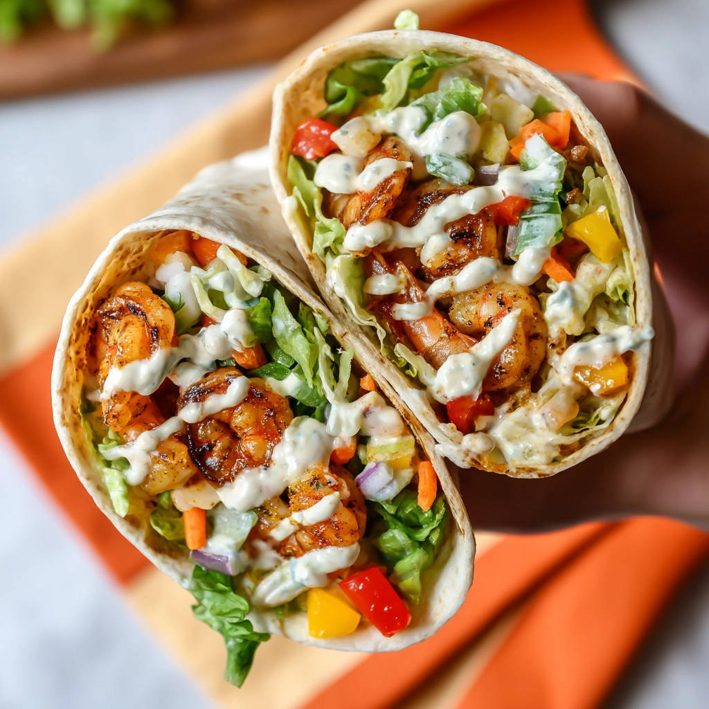 Grilled shrimp tacos cross-section showing seasoned shrimp, crisp lettuce, and creamy sauce in a tortilla wrap.
