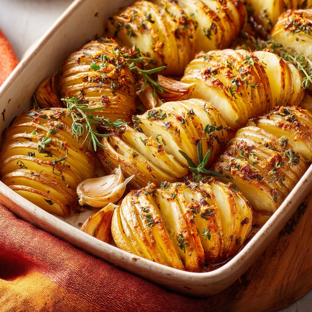 Crispy Hasselback Potatoes with garlic and herbs shown in a close-up view with sliced potatoes and rosemary sprigs.