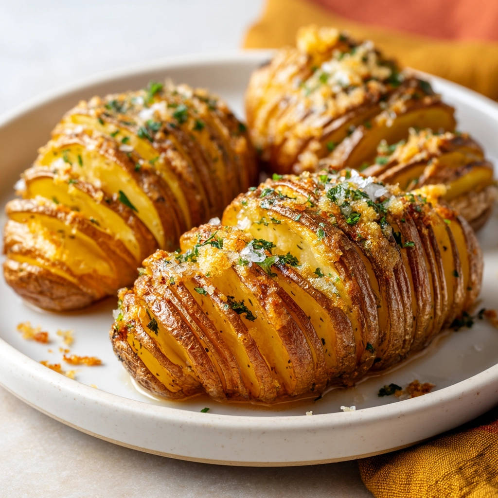 Crispy baked hasselback potatoes garnished with fresh herbs and sea salt, showcasing a detailed texture.