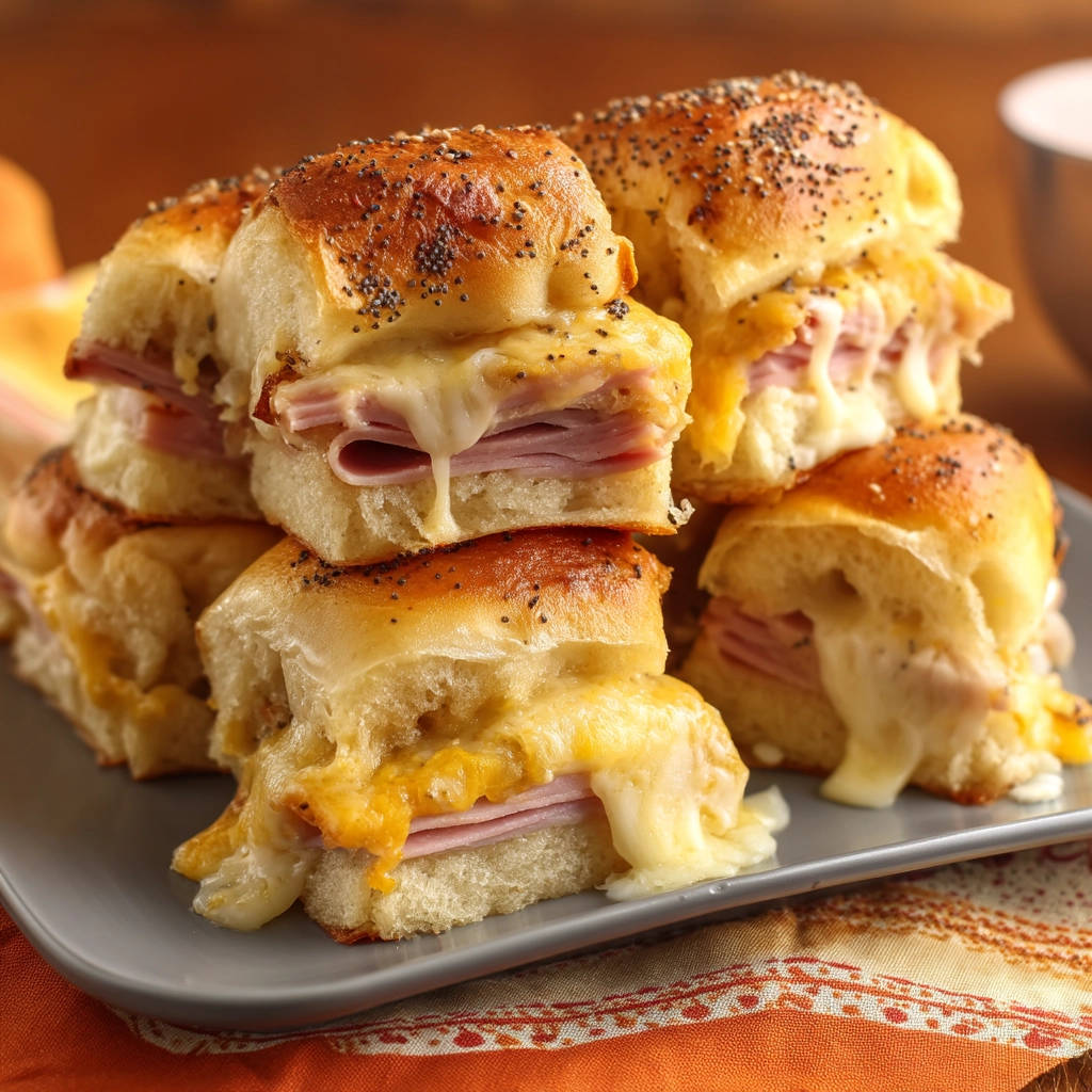 Hawaiian ham and cheese sliders with melted cheese dripping from a stack on a plate.