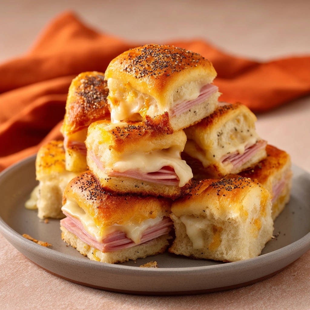Hawaiian ham & cheese sliders stacked high on a grey plate, showcasing melted cheese and poppy seed topping.