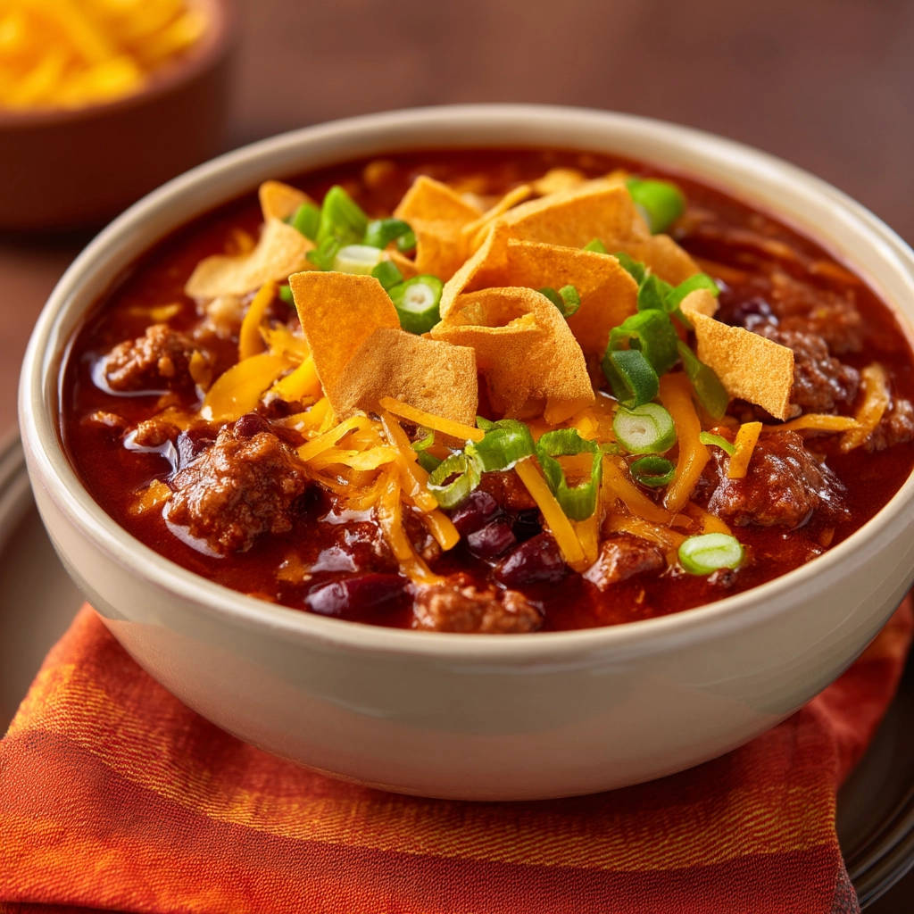 Hearty beef chili garnished with shredded cheese, tortilla strips, and green onions in a bowl.