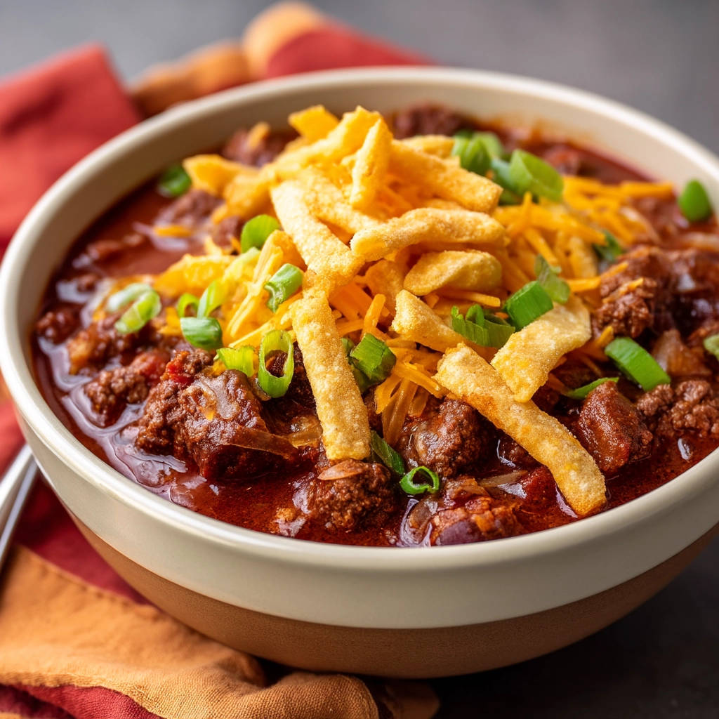 Hearty beef chili garnished with shredded cheddar cheese and crispy tortilla strips in a bowl.