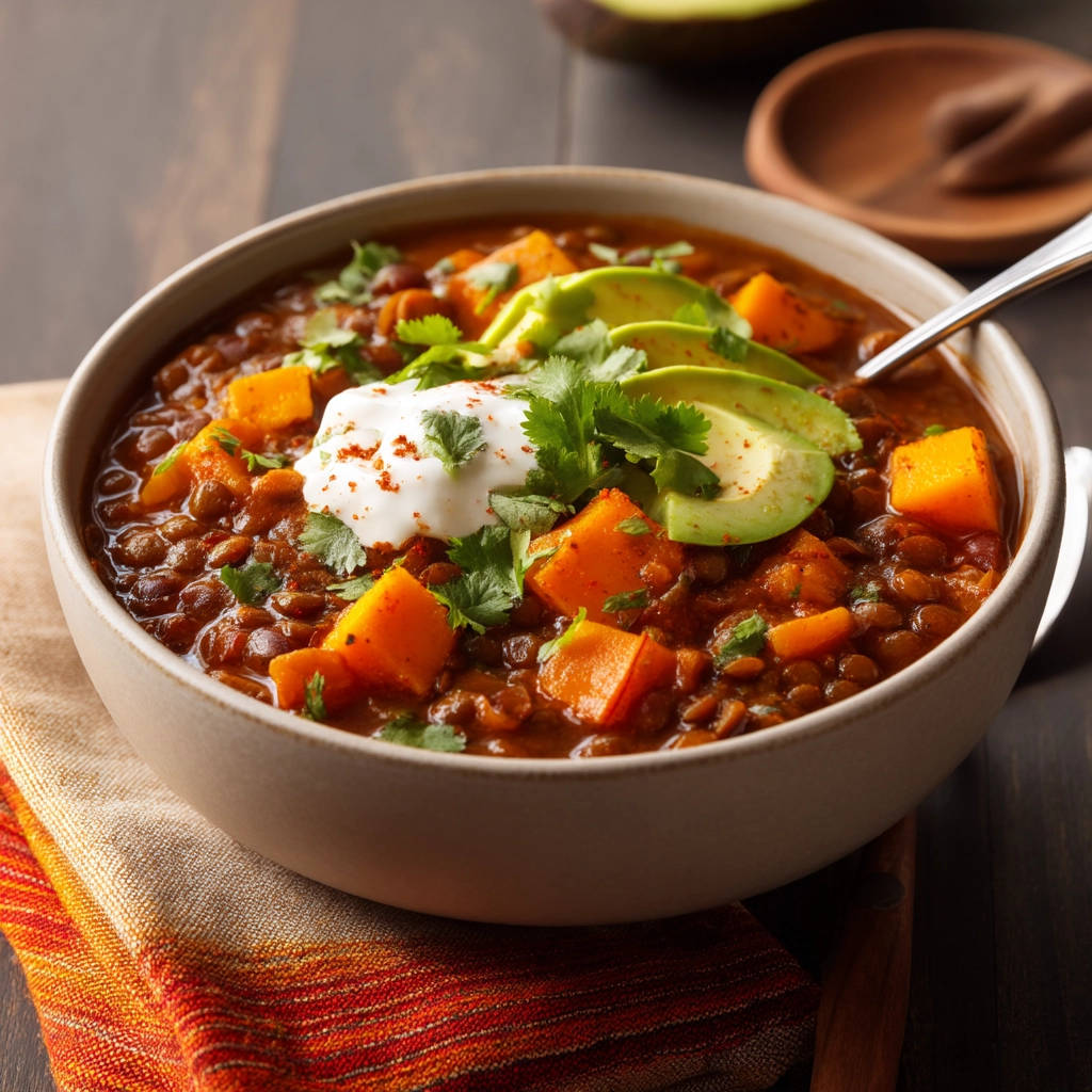 Hearty lentil sweet potato chili in a bowl, garnished with avocado, sour cream, and cilantro.