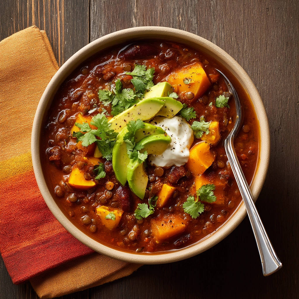 Hearty lentil sweet potato chili in a bowl, topped with avocado, sour cream, and cilantro.