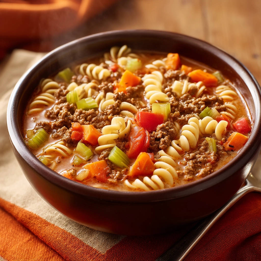 Hearty pasta soup in a brown bowl, featuring rotini noodles, ground beef, and diced vegetables, shown in a close-up view.