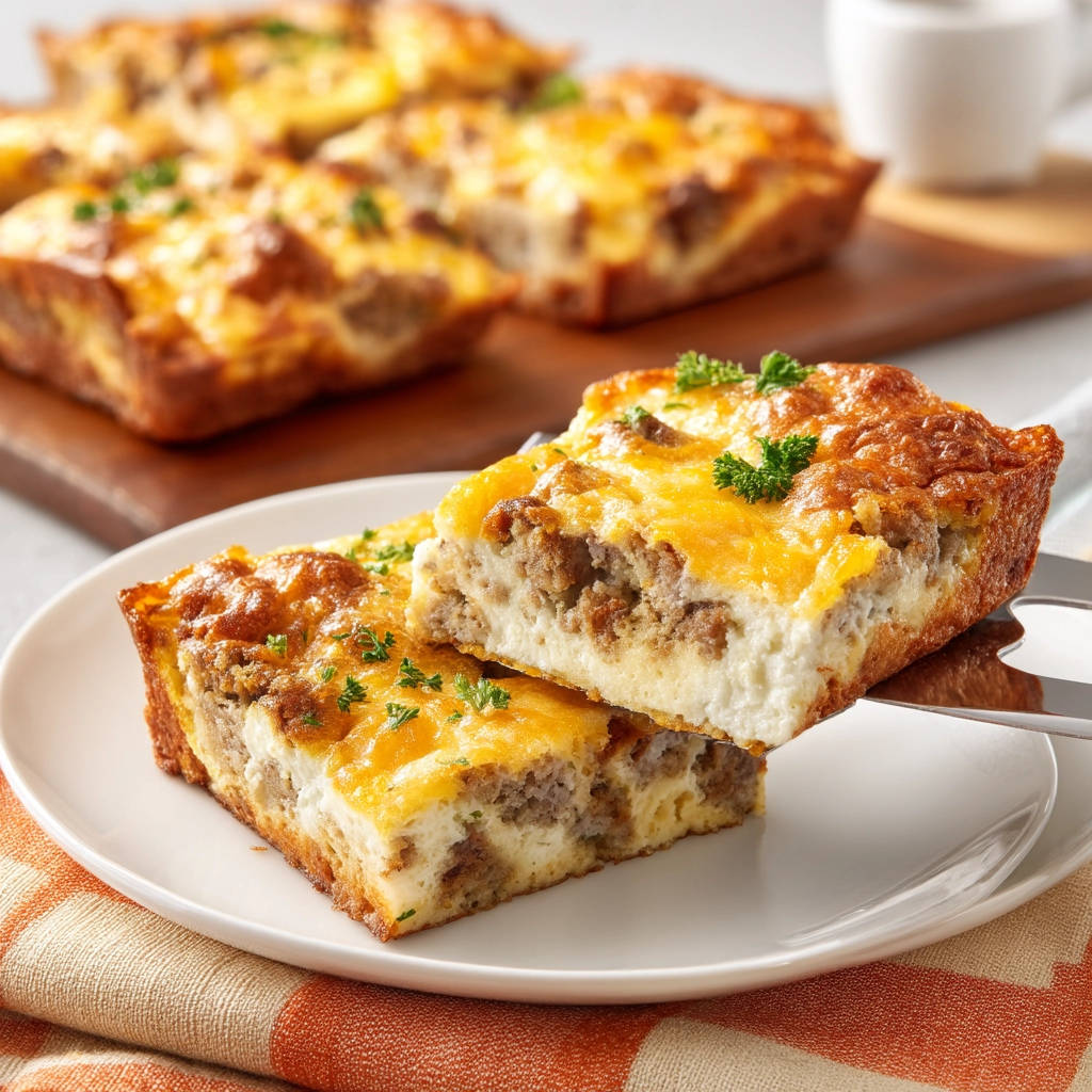 Hearty sausage breakfast bake, a close-up cross-section showing layers of sausage, egg, and cheese, garnished with parsley.