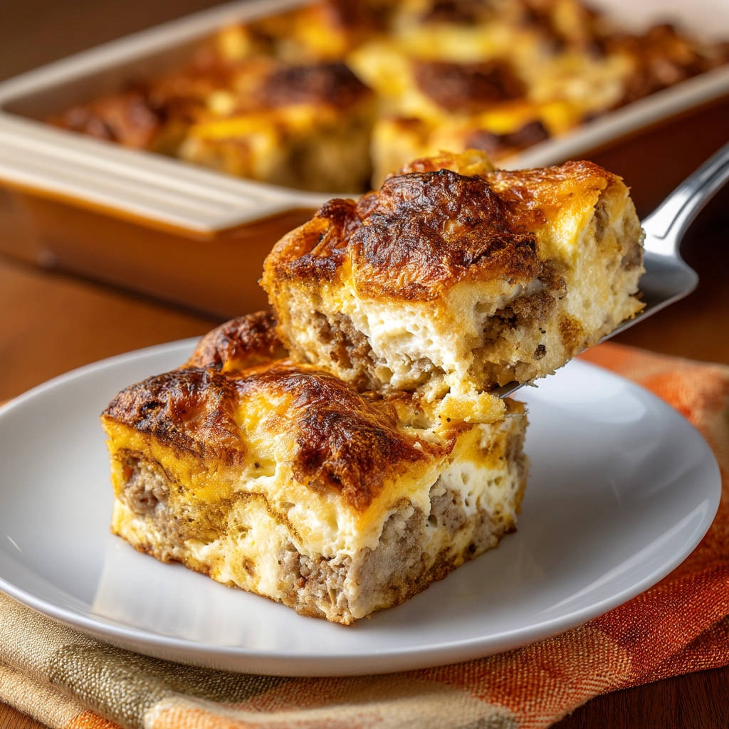 Hearty sausage breakfast bake plated slice showing the interior layers of egg and sausage.