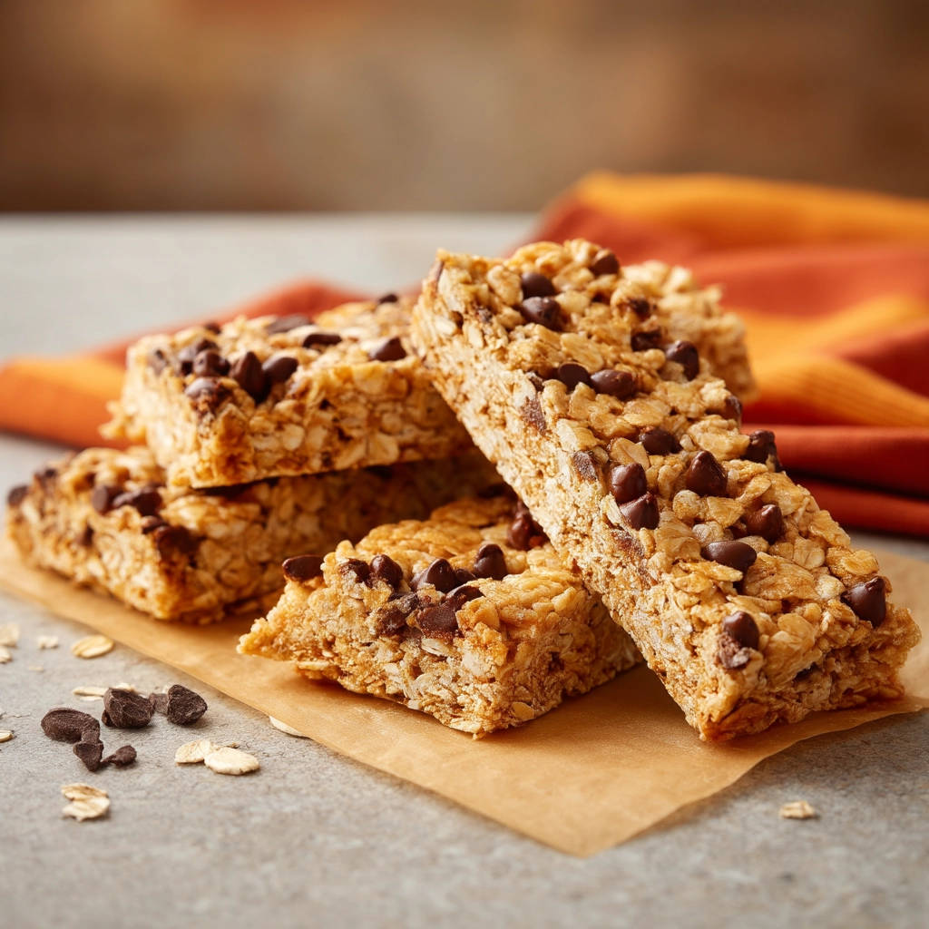 Homemade chocolate chip granola bars that never crumble, stacked in a close-up view on parchment paper.