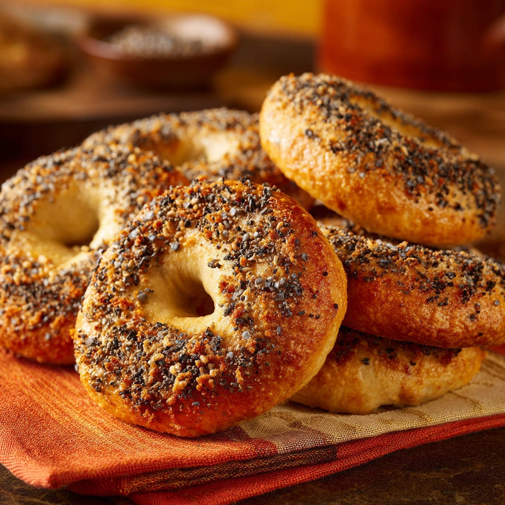 Homemade everything bagels with a generous topping of seeds, viewed up close on an orange napkin.