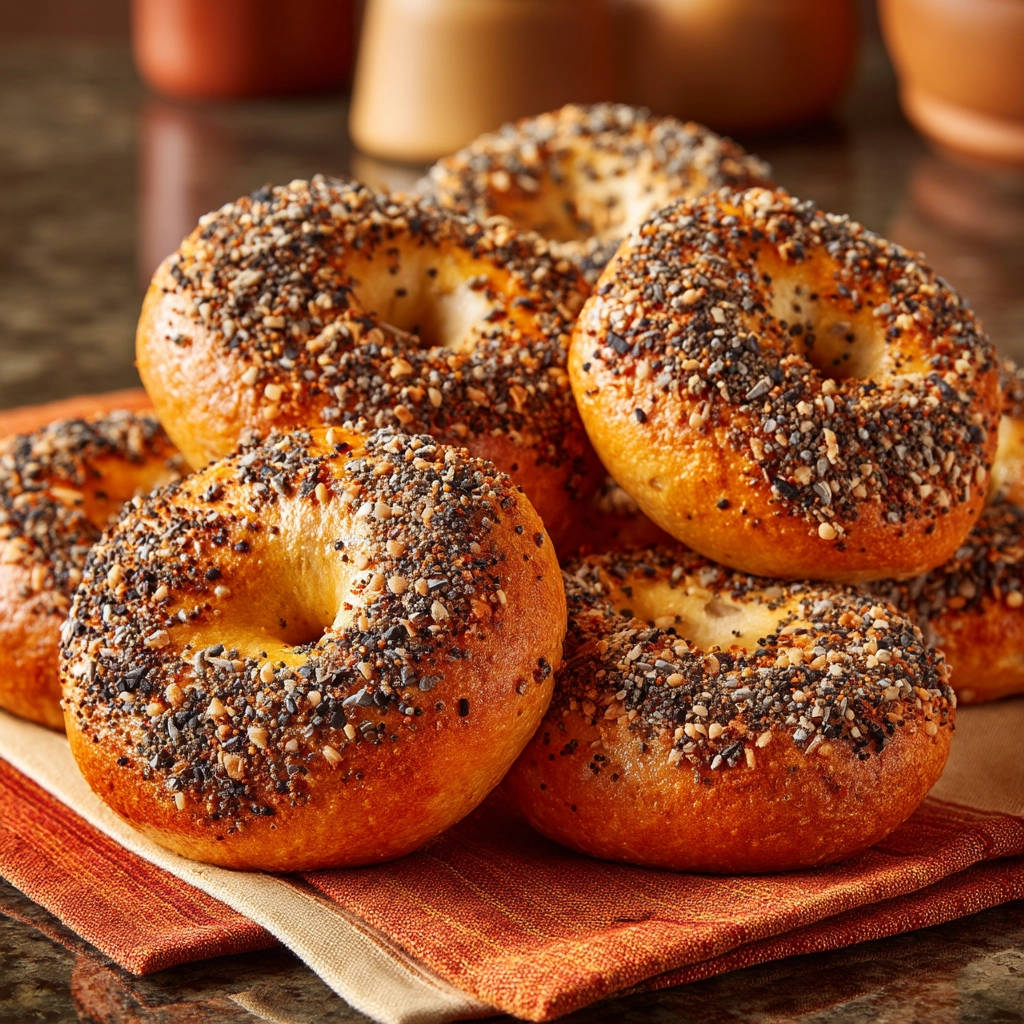 Homemade everything bagels with a generous topping of seeds and spices, showcasing the texture.
