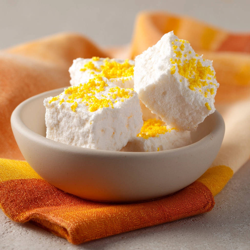 Homemade lemon marshmallows are shown in a bowl with a close-up view of fine yellow zest sprinkled on top.