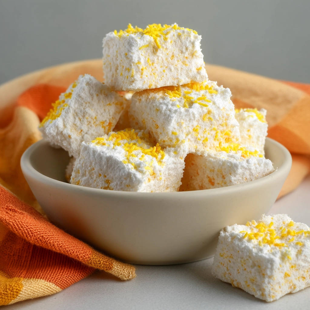 Homemade lemon marshmallows stacked in a bowl, topped with yellow zest and served with a textured orange napkin.