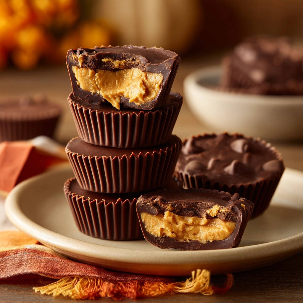 Homemade peanut butter cups shown in a stacked cross-section, revealing the rich chocolate and creamy peanut butter filling.