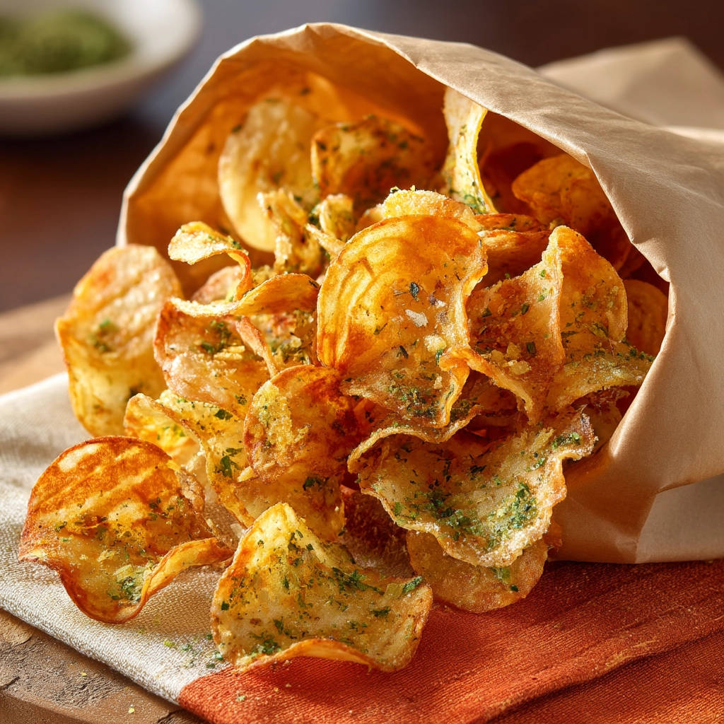 Homemade potato chips spilling out of a brown paper bag, seasoned with herbs.