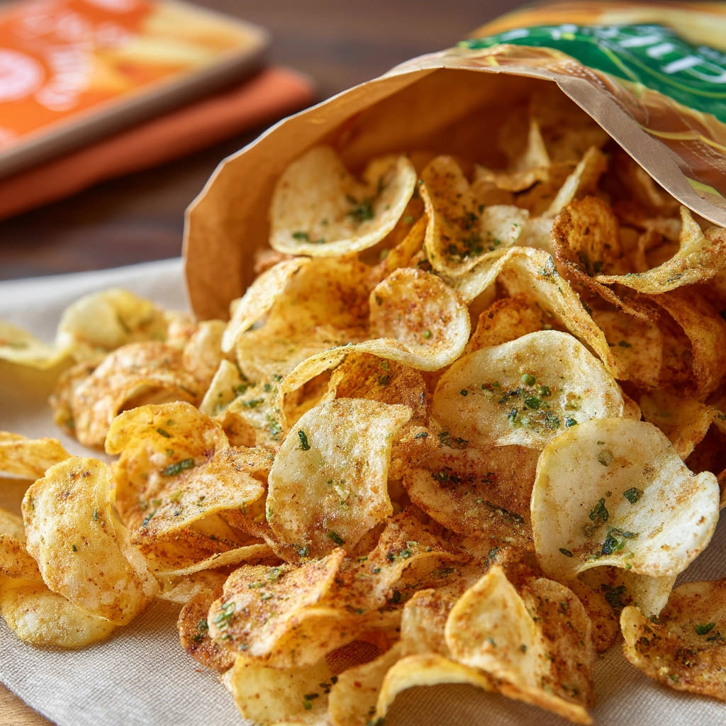 Homemade potato chips spilled from a brown paper bag, seasoned with herbs and spices.