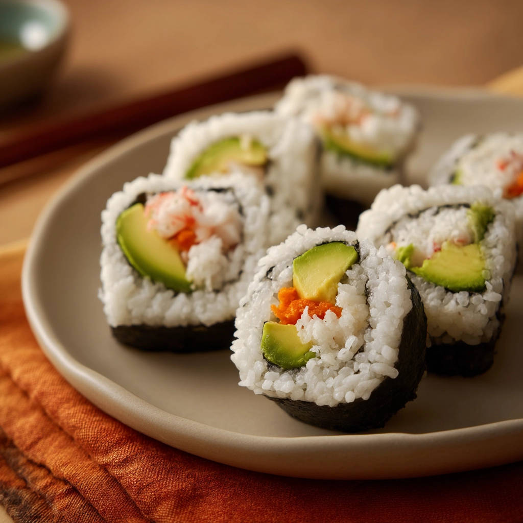 Homemade sushi rolls, featuring a close-up cross-section revealing avocado, crab, and orange filling.
