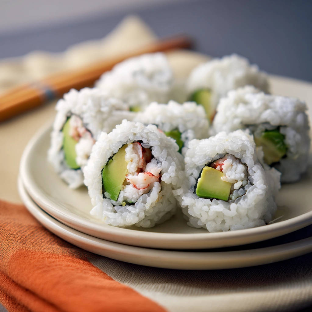 Homemade sushi rolls cross-section revealing crab and avocado filling on a plate.