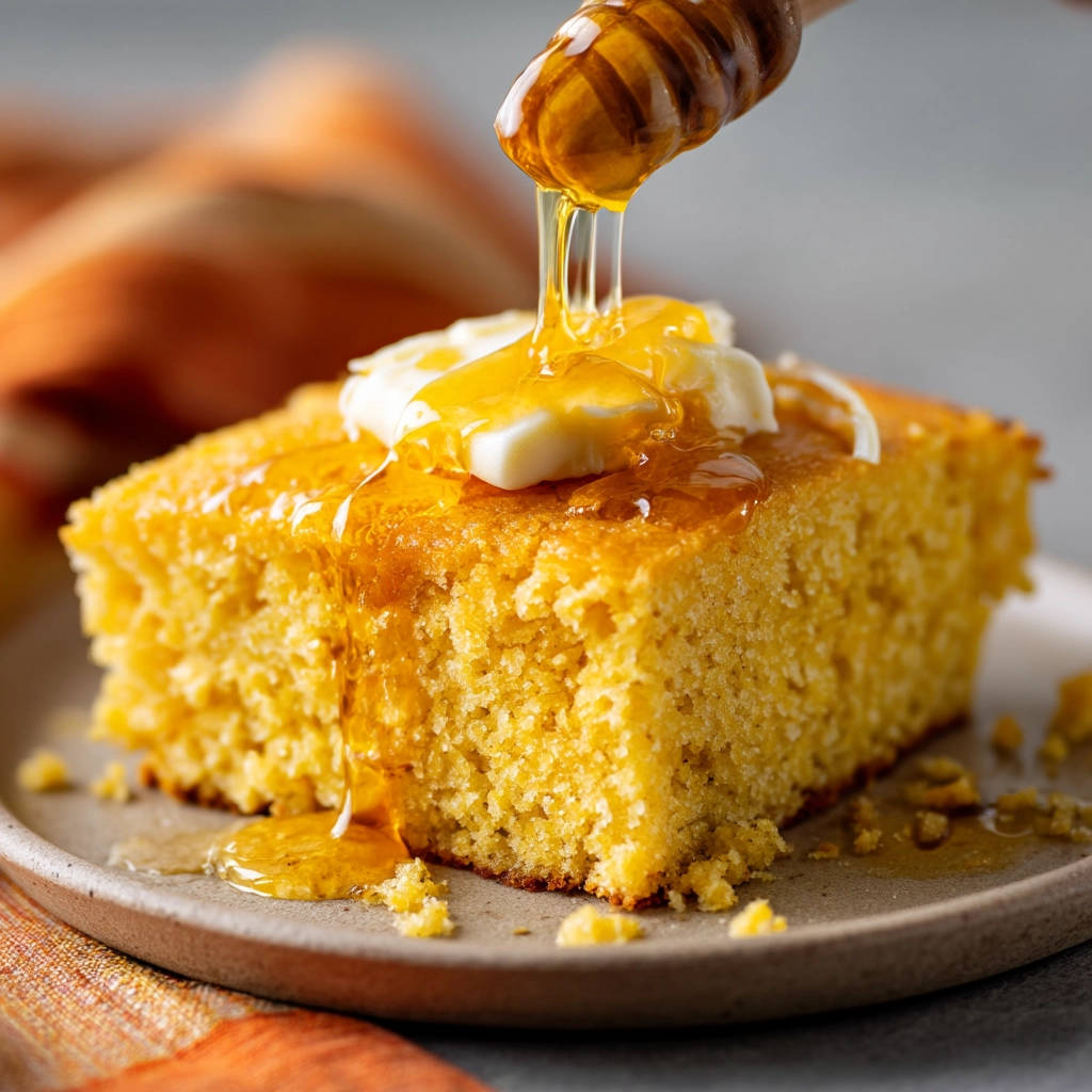 Honey cornbread with butter and honey being drizzled from a honey dipper, showcasing a close-up detail.