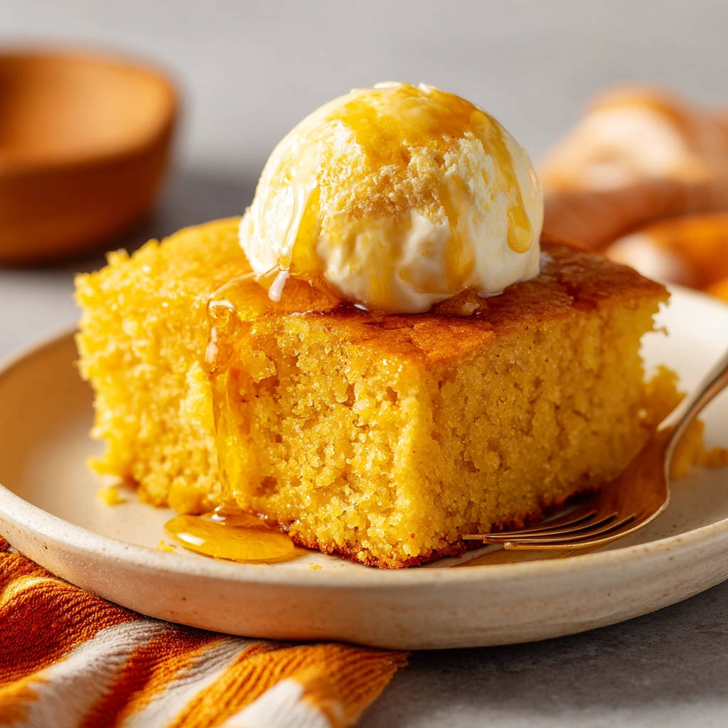 Honey-kissed cornbread never dry again, featuring a scoop of ice cream with a generous drizzle of honey.