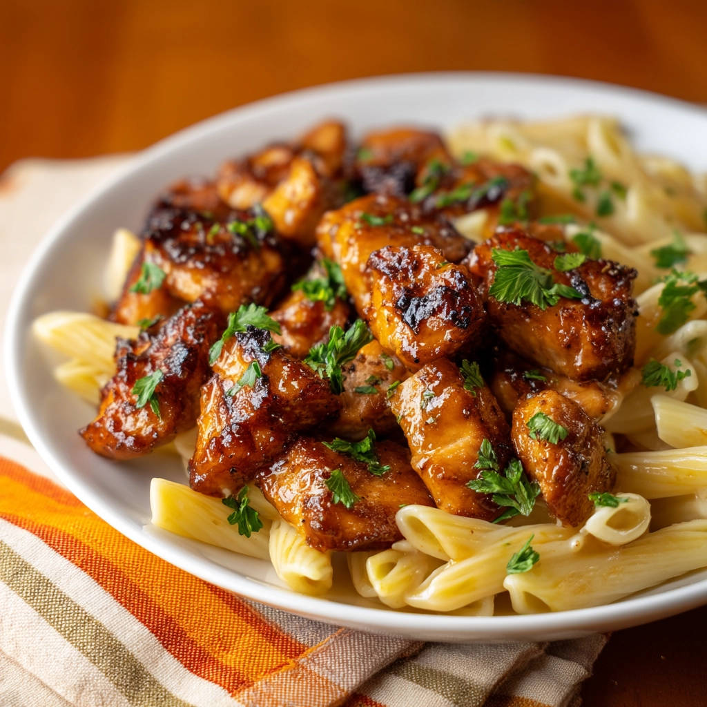 Honey garlic chicken and pasta featuring a close-up view of the glistening, sticky chicken pieces and penne pasta.