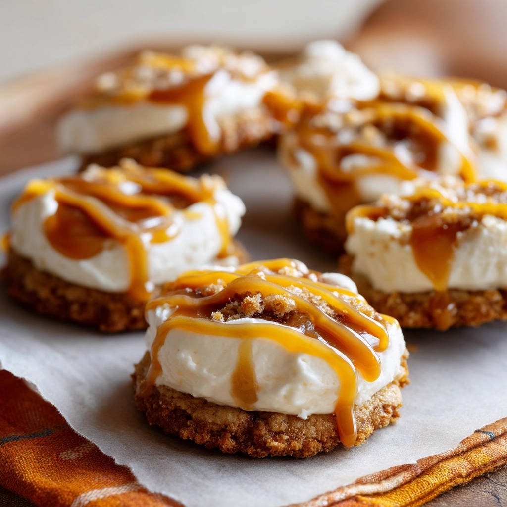 Individual Caramel Cream Bites with a decadent caramel drizzle and crumb topping, presented up close.
