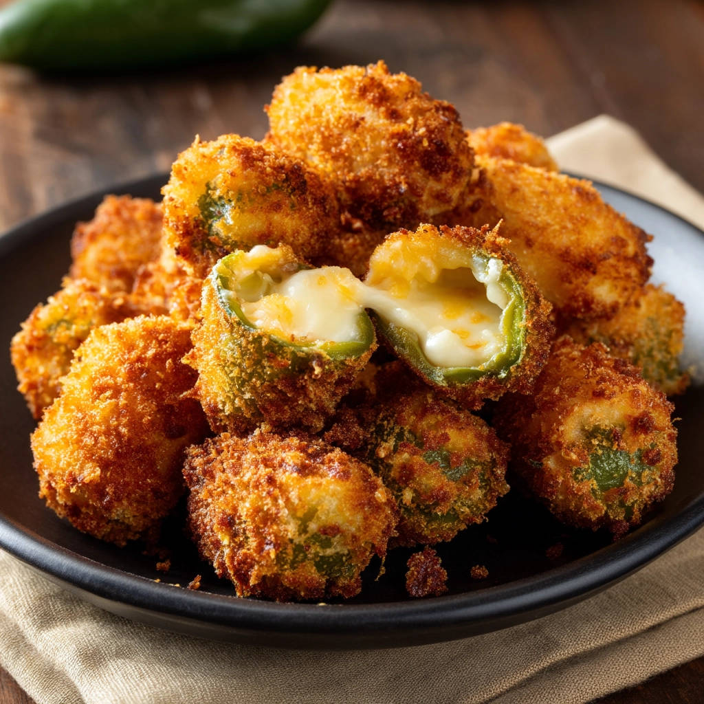 Crispy jalapeno poppers with gooey cheese revealed in a close-up cross-section.