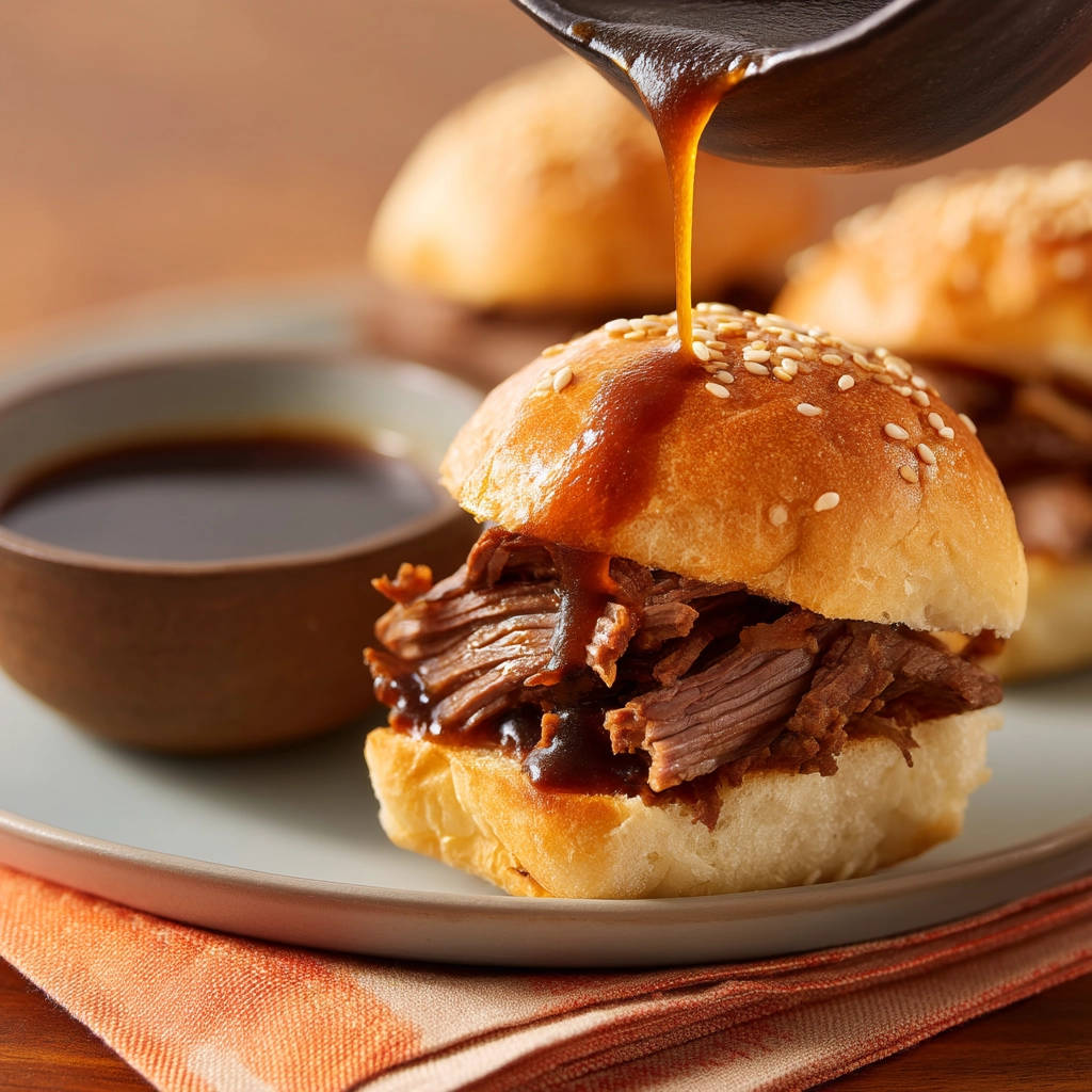 Juicy beef sliders with sesame seed buns, as rich brown sauce is drizzled over the shredded meat from a spoon.
