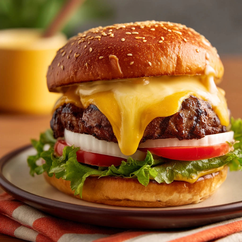 Juicy burger perfection with melted cheese dripping down the side onto fresh lettuce and tomato.