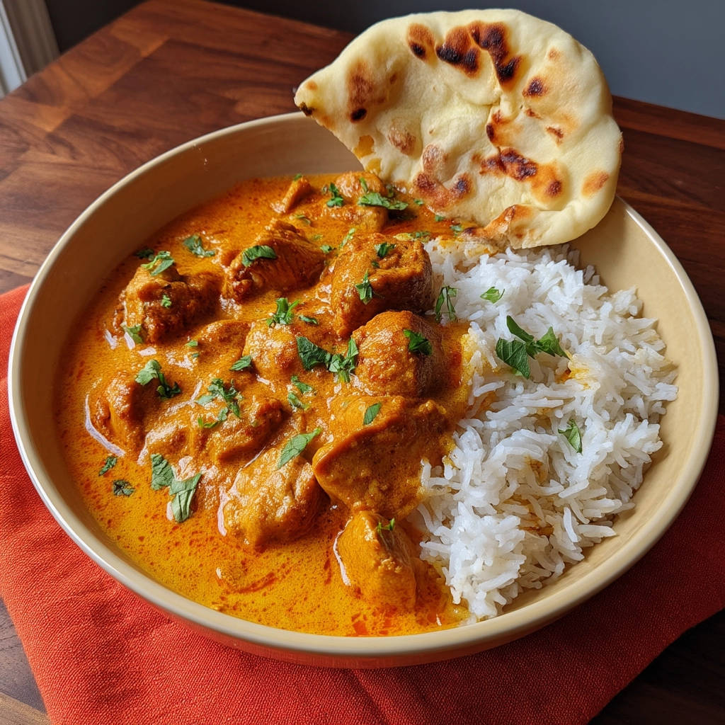 Juicy chicken curry served with fluffy white rice and a piece of golden naan bread, garnished with fresh cilantro.