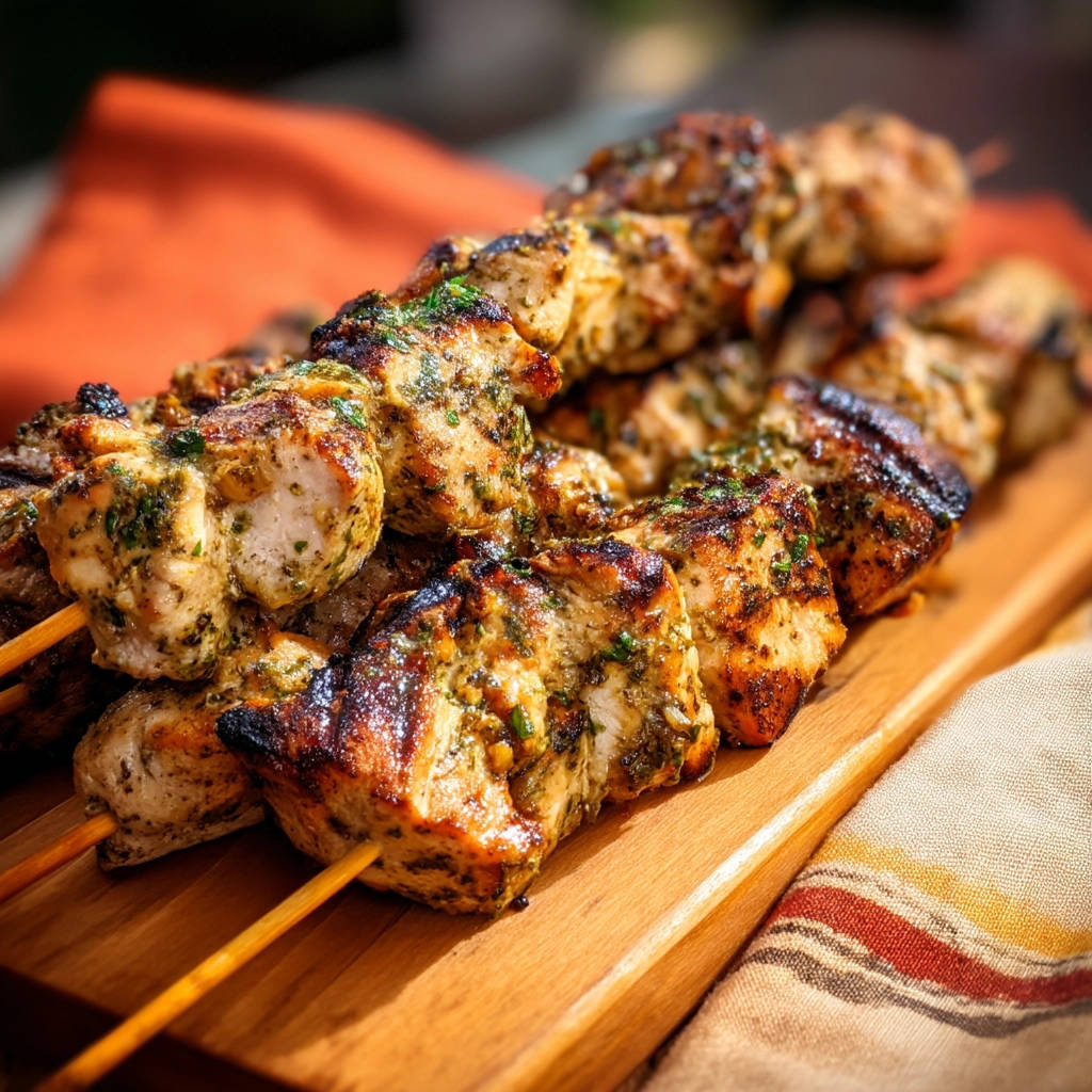 Juicy grilled chicken skewers close-up on a wooden board, showing detailed grill marks and herbs.