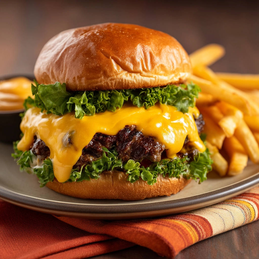 Juicy smash burgers with a double cheese melt and fresh lettuce, served with fries on a plate.
