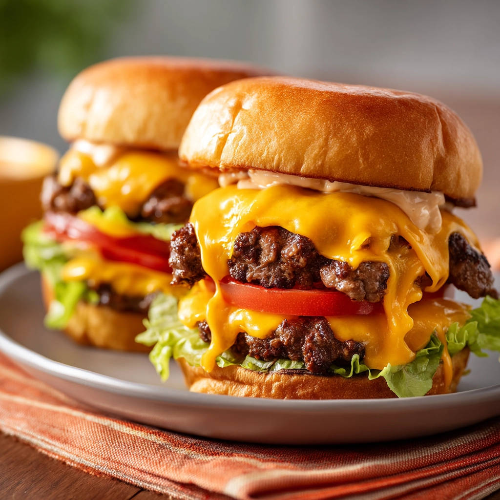 Juicy smash burgers with double stacked patties and melted cheese, presented on a plate.