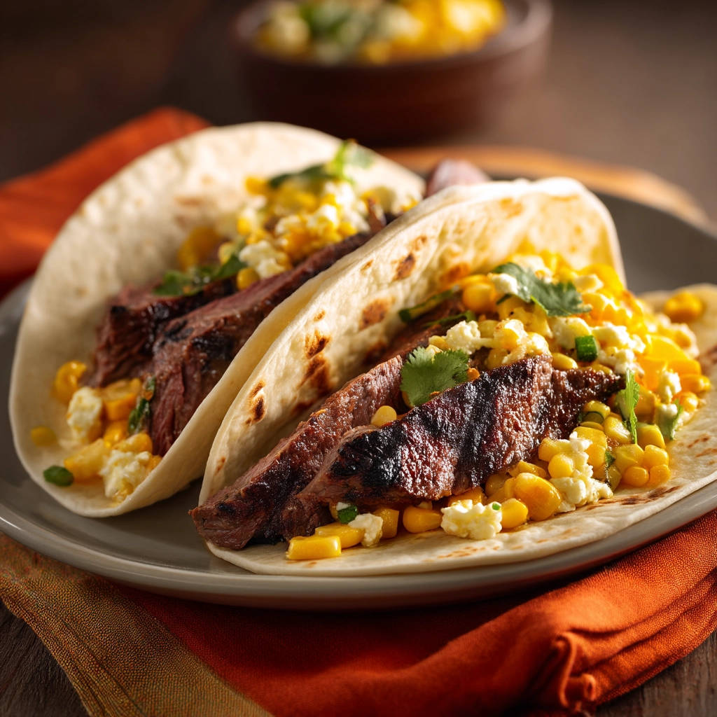 Juicy steak tacos with grilled corn and crumbled cheese filling, presented on a plate with a rustic napkin.