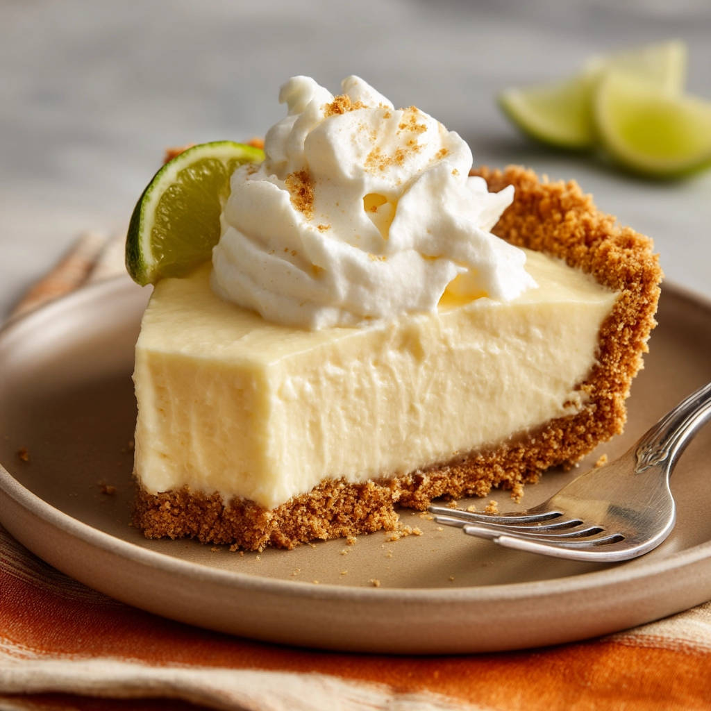 Key lime pie slice with whipped cream and a lime wedge on a plate, showing a close-up of the firm filling.