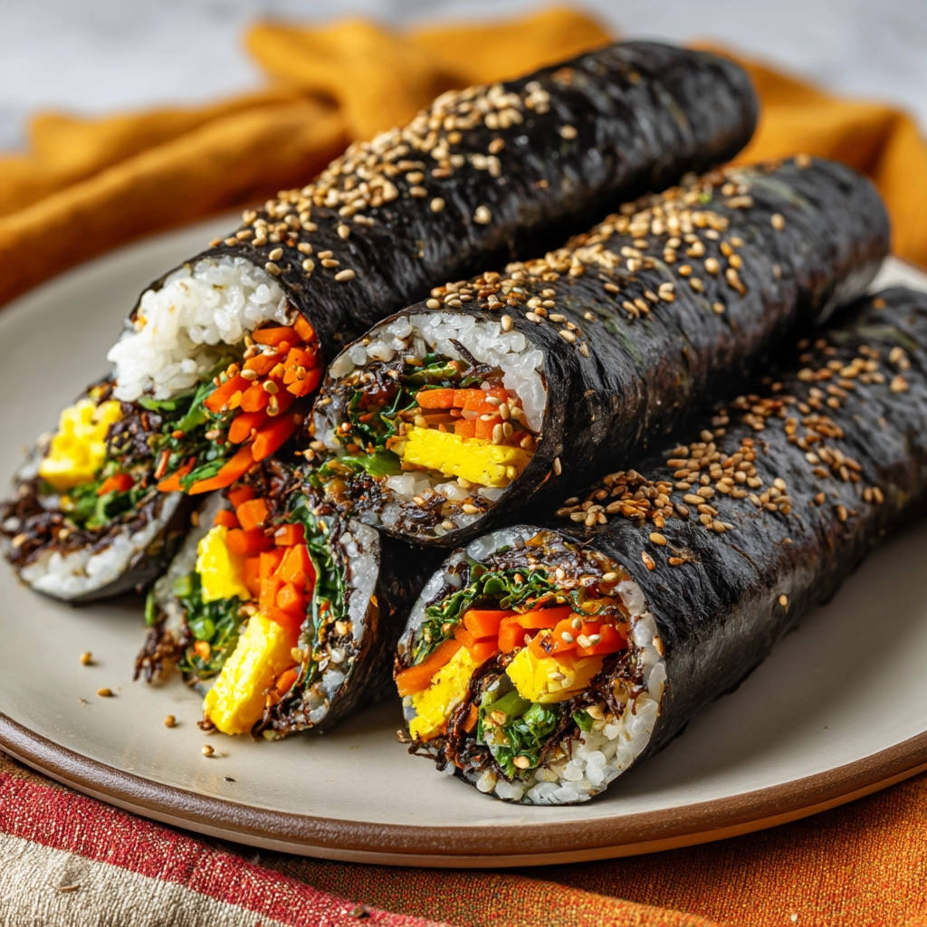 Perfect Kimbap rolls showing a tight seal and colorful cross-section of fillings on a plate.