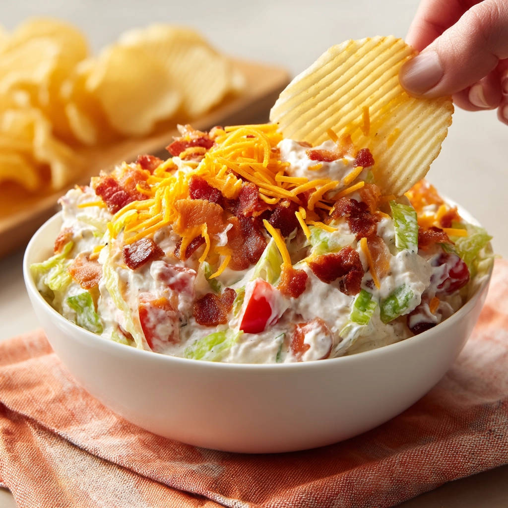 Layered salad dip with a chip scooping into the creamy mixture, topped with bacon and cheese.