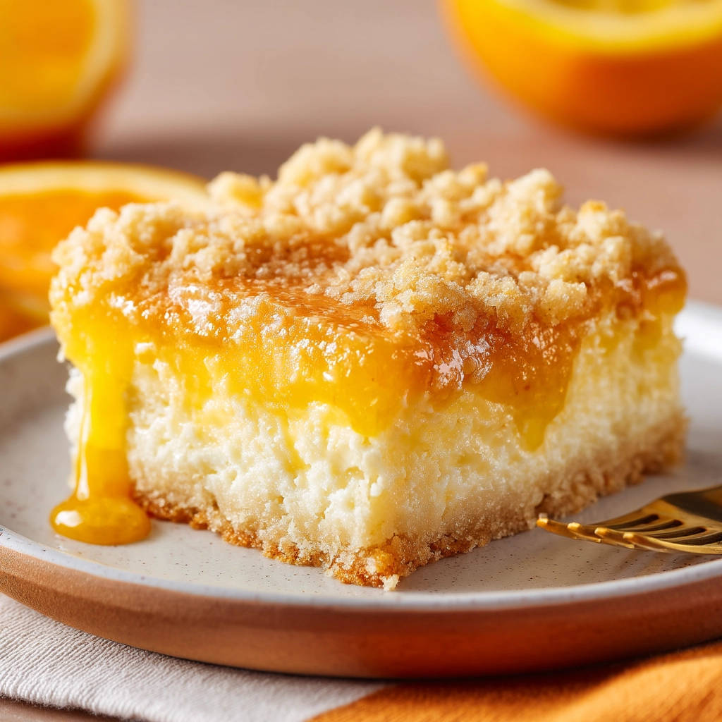 Lemon crumble bars with a silky smooth filling, topped with a streusel and drizzled with bright orange glaze.