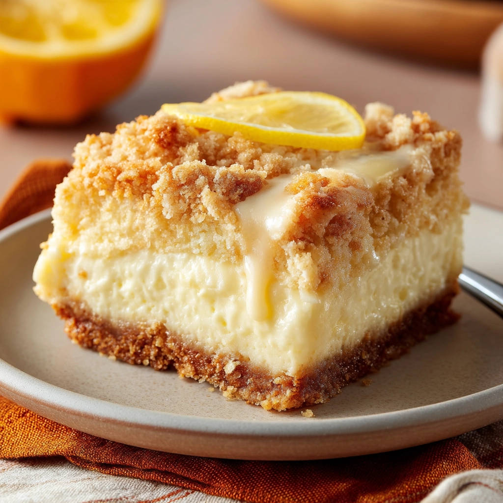 Lemon crumble bars with a silky smooth interior and crumb topping, garnished with a lemon slice.