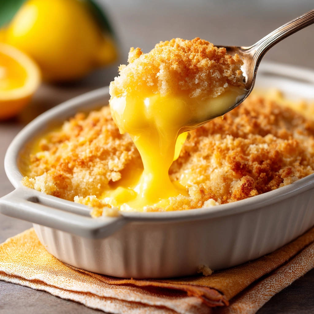 Lemon crumble with a spoonful of gooey filling being pulled out, showing the baked topping