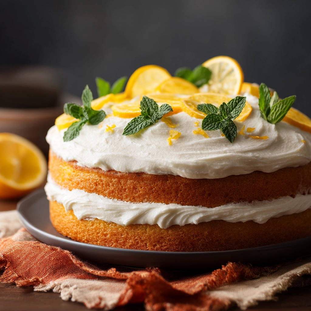 Lemon layer cake garnished with lemon slices and fresh mint leaves on top.