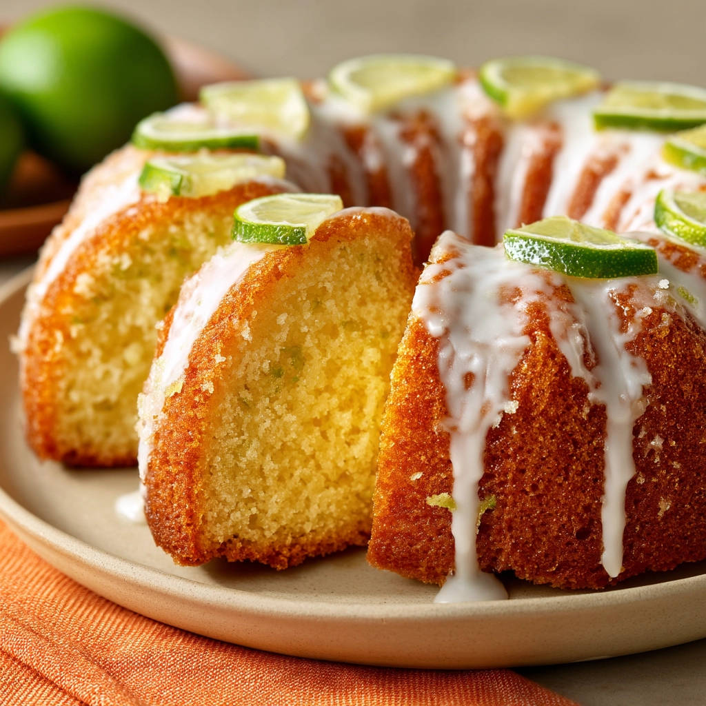 Easy Lime Bundt Cake sliced to reveal a moist interior and garnished with lime slices