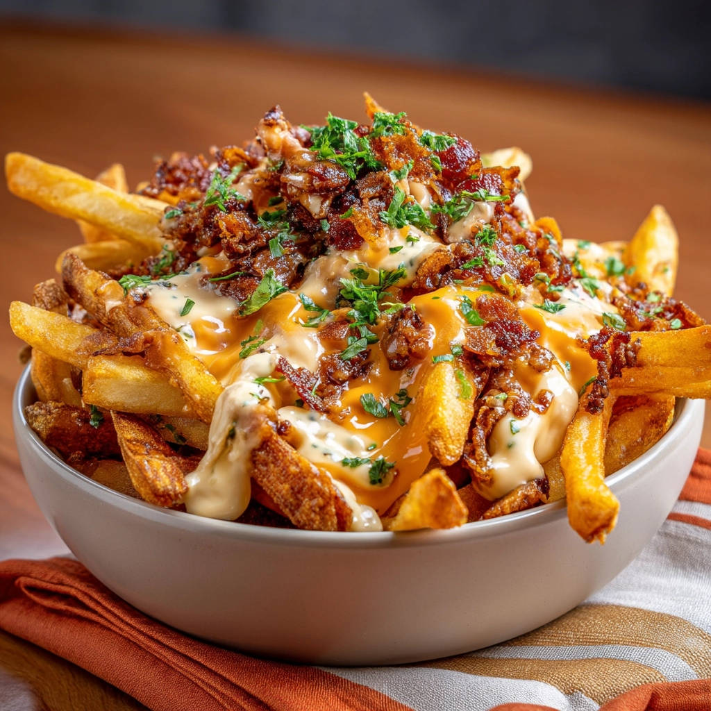 Loaded cheese fries generously topped with bacon bits, cheese sauce, and fresh parsley, served in a hearty bowl.