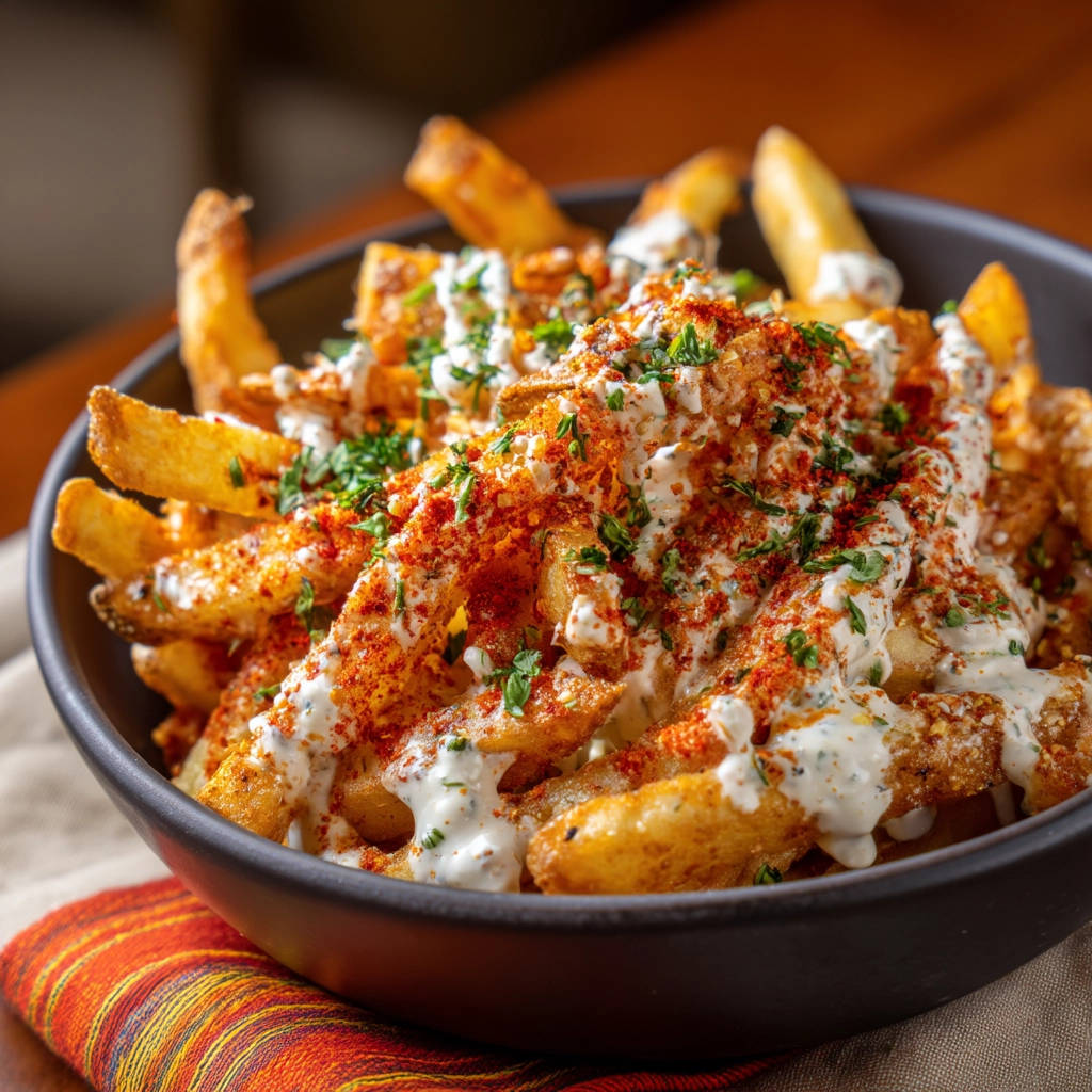 Loaded Fries Supreme drizzled with creamy sauce and sprinkled with paprika and herbs.
